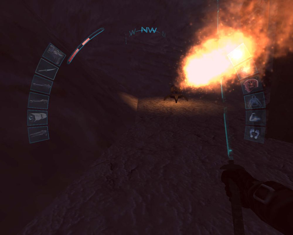 Deus Ex: Invisible War (Windows) screenshot: Yowza! Looks like I'll need more than my energy blade to get past this flame turret