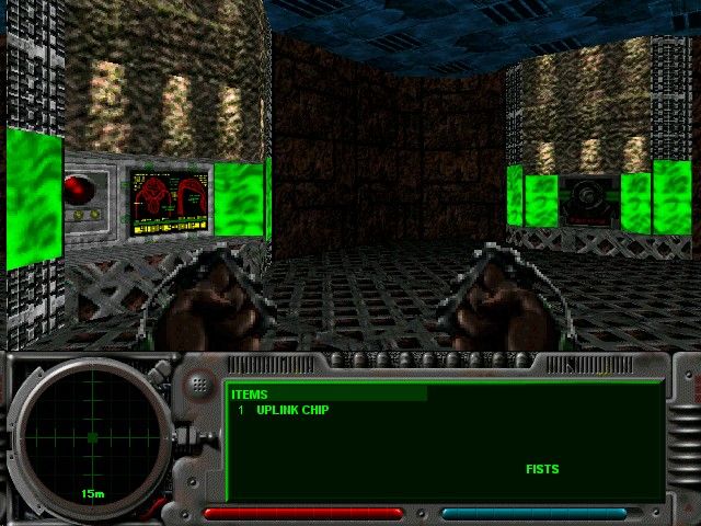Marathon 2: Durandal (Windows) screenshot: The terminal on the left saves your game. The one on the right recharges your shields.