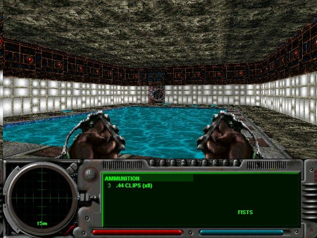 Marathon 2: Durandal (Windows) screenshot: This pool had some narrow walls in the Mac version.