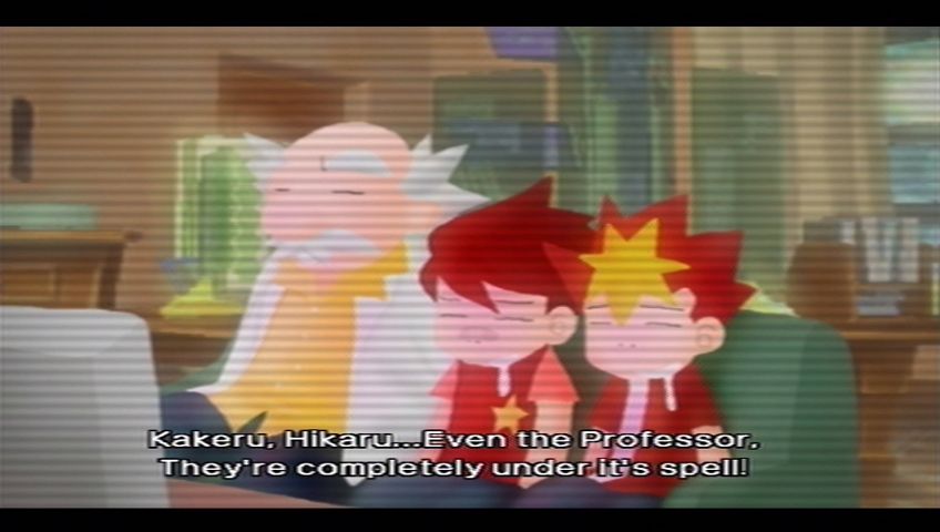 Ape Escape 3 (PlayStation 2) screenshot: Whoops! Because of Specter's broadcast, the Professor and previous heroes are dribbling fools!