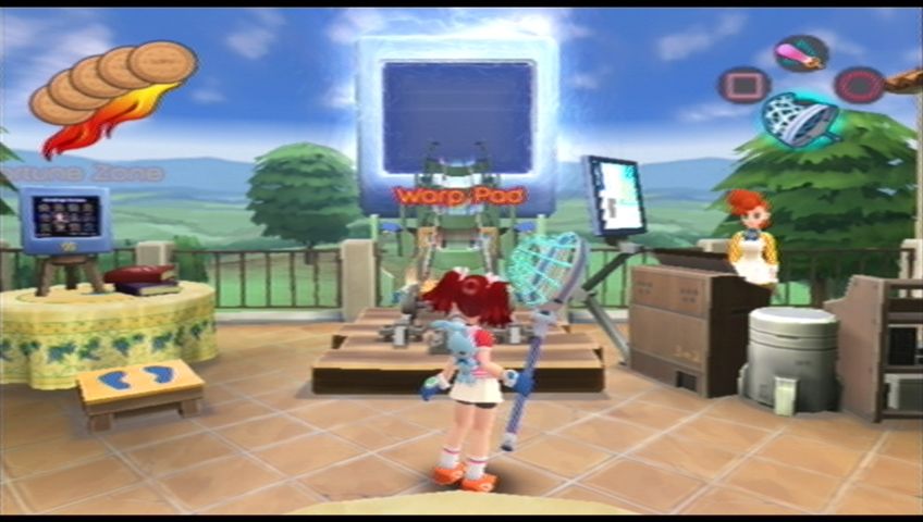Ape Escape 3 (PlayStation 2) screenshot: Aki has constructed a makeshift TV station - you can beam into the monkey's shows!