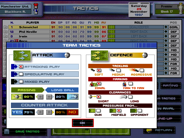 Premier Manager 98 (Windows) screenshot: Team tactics screen