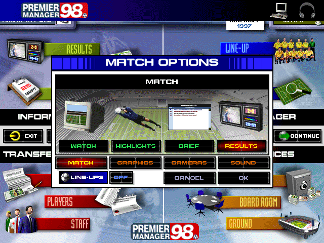 Premier Manager 98 (Windows) screenshot: Match visualisation options