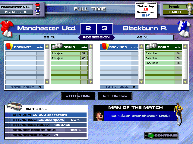 Premier Manager 98 (Windows) screenshot: Post-match stats