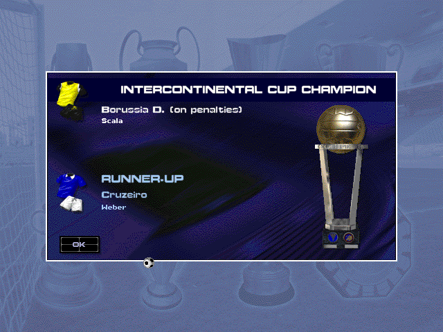 Premier Manager 98 (Windows) screenshot: Trophy winners are announced in these screens.