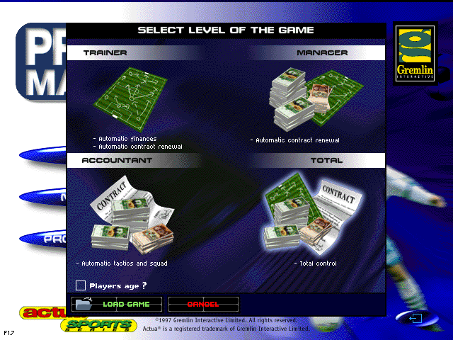 Premier Manager 98 (Windows) screenshot: Starting a game.