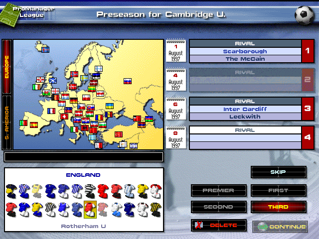 Premier Manager 98 (Windows) screenshot: Choosing friendlies. Some countries include 18 or more teams.