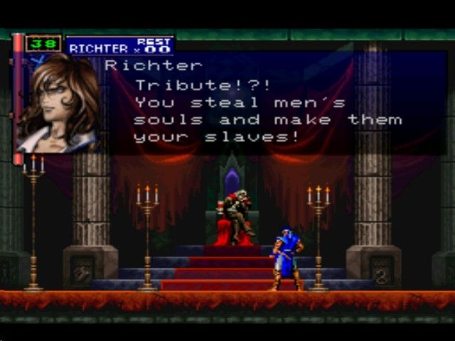 Castlevania: Symphony of the Night (PlayStation) screenshot: The intro, pulled from Rondo of Blood. Richter and Dracula do a bit of chit-chat.