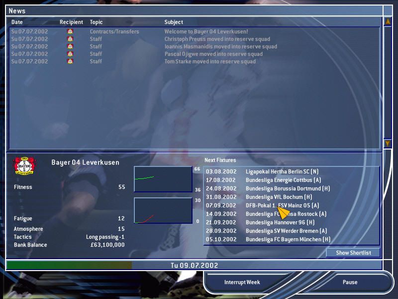 Total Club Manager 2003 (Windows) screenshot: Week advancing
