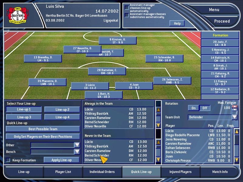 Total Club Manager 2003 (Windows) screenshot: It is possible to select up to four lineups to change between the most suitable players for each match accordingly