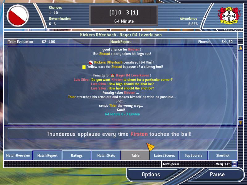 Total Club Manager 2003 (Windows) screenshot: Text mode