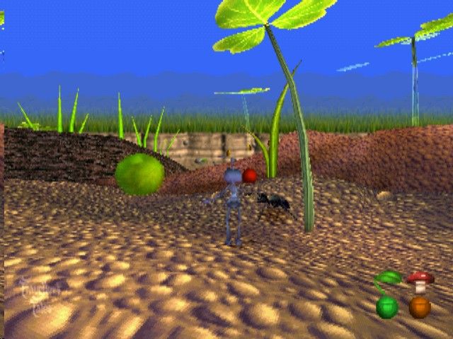 Disney•Pixar A Bug's Life (PlayStation) screenshot: Flik throws berries at those evil, non-anthropomorphic ants.