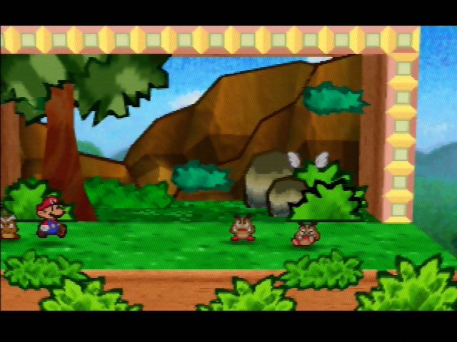 Paper Mario (Nintendo 64) screenshot: Stomp a Paragoomba and it loses its wings!