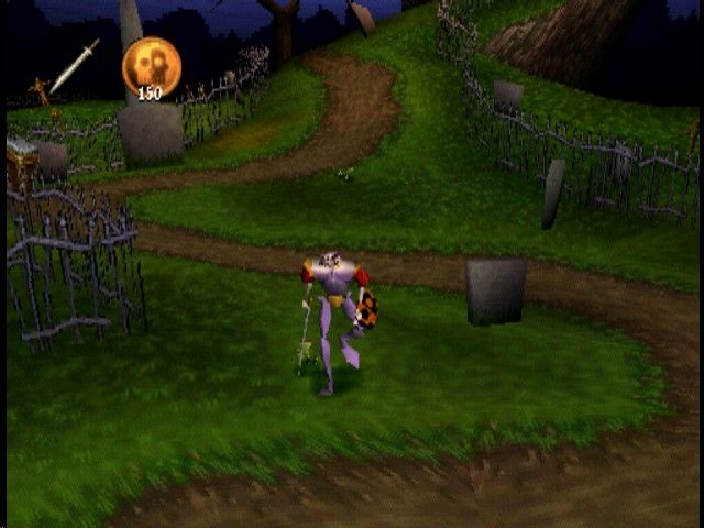 MediEvil (PlayStation) screenshot: The Graveyard. Thing is skittering around in the background.