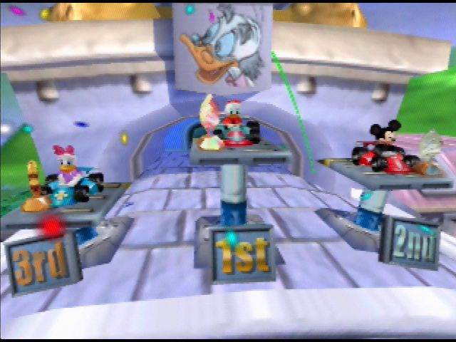 Mickey's Speedway USA (Nintendo 64) screenshot: Get first place in each race, and you'll receive a coveted Platinum Trophy