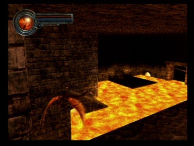 King's Field: The Ancient City (PlayStation 2) screenshot: Fire Drakes hovering or a river of lava.