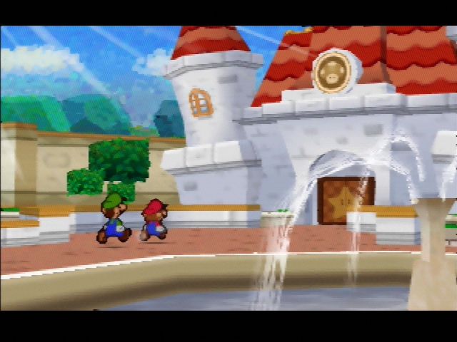 Paper Mario (Nintendo 64) screenshot: Mario and Luigi hightail it to the castle - after all, sweets!