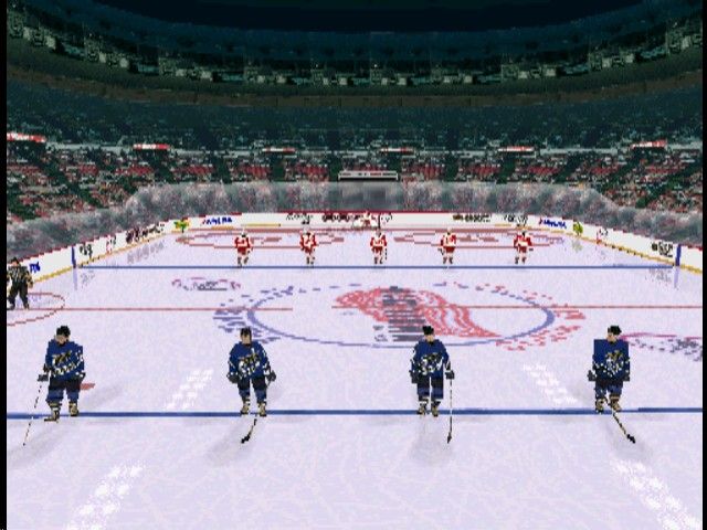 NHL FaceOff '99 (PlayStation) screenshot: Lined up at the start of the game.