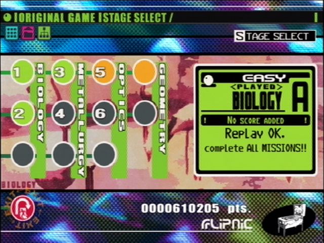 Flipnic: Ultimate Pinball (PlayStation 2) screenshot: Select from four themed tables - Biology, Metallurgy, Optics and Geometry.