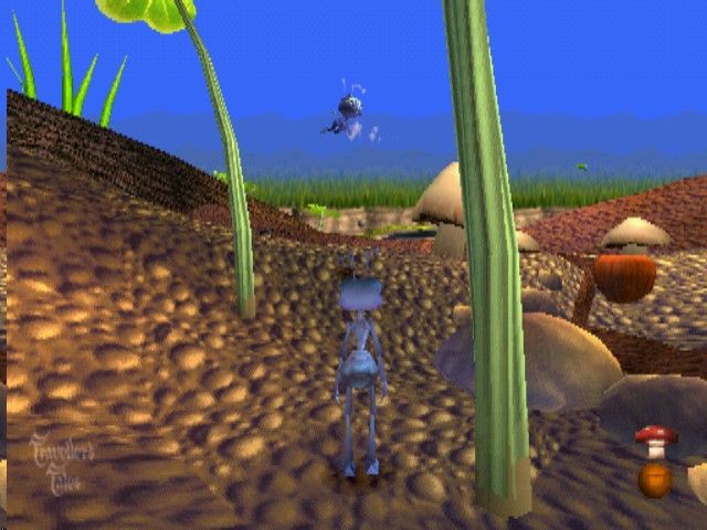Disney•Pixar A Bug's Life (PlayStation) screenshot: Flik at the beginning of the game. You can see Dot in the background.
