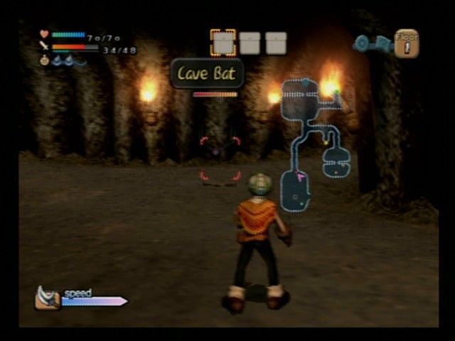 Dark Cloud (PlayStation 2) screenshot: Fighting: Locking onto the enemy allows easy strafing and targeting.
