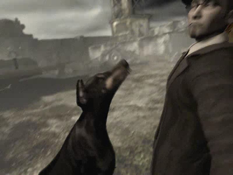 Still Life (Windows) screenshot: Cutscene: Gustav is attacked by a dog. On the close-up, the collar and chain on the dog disappear.