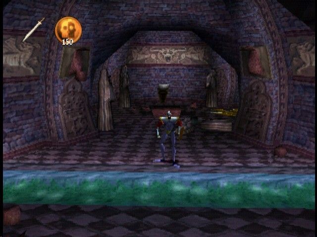 MediEvil (PlayStation) screenshot: Crossing the water in Dan's Crypt.