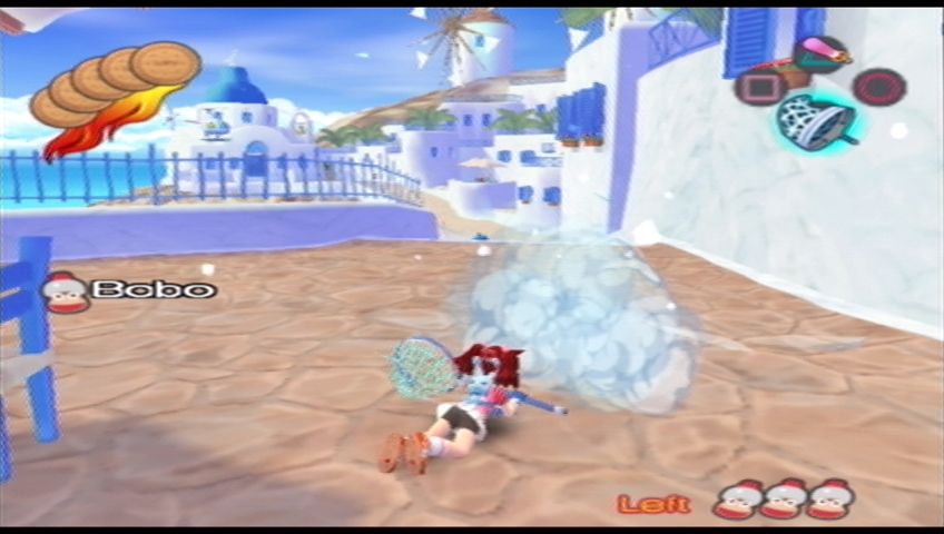 Ape Escape 3 (PlayStation 2) screenshot: Sayaka has stealthily caught a monkey - three more to go!