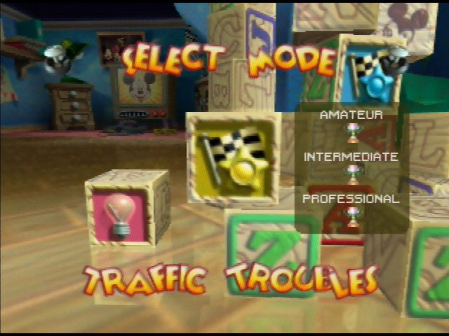 Mickey's Speedway USA (Nintendo 64) screenshot: Main Menu - the blocks all topple when you make a selection
