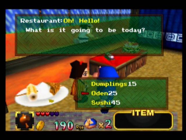 Mystical Ninja Starring Goemon (Nintendo 64) screenshot: Choose from an assortment of Japanese food for health