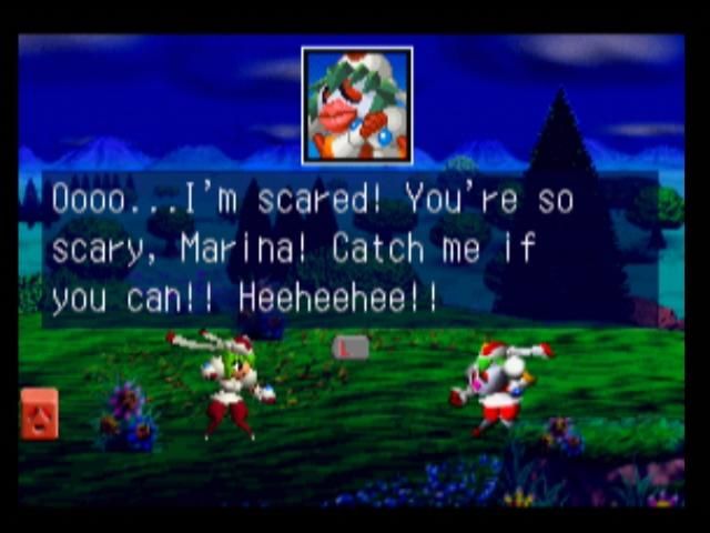 Mischief Makers (Nintendo 64) screenshot: Marina confronts her poor-looking clone, Calina