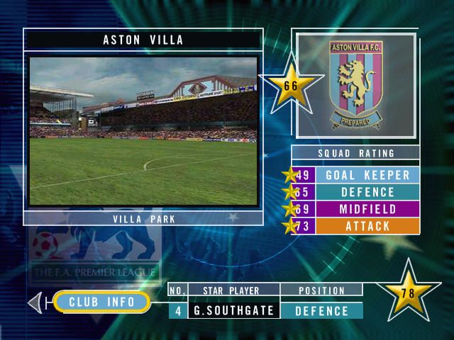 The F.A. Premier League Stars (Windows) screenshot: Some information of the team, including a video of the stadium