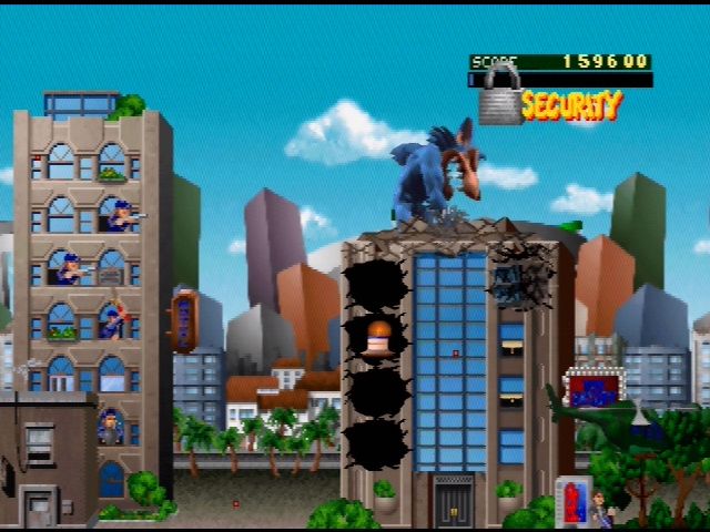 Rampage World Tour (Nintendo 64) screenshot: The security bonus prevents damage for a while - Ralph's is a bone