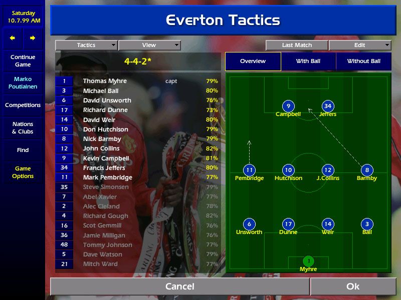 Championship Manager: Season 99/00 (Windows) screenshot: General tactics for first match of the season