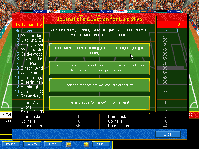 Ultimate Soccer Manager 2 (DOS) screenshot: There are a few interviews here and there.
