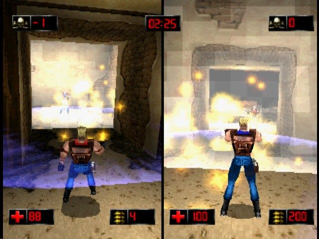 Duke Nukem: Time to Kill (PlayStation) screenshot: Red vs Blue using pipe bombs in the mesa