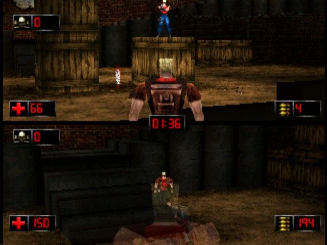 Duke Nukem: Time to Kill (PlayStation) screenshot: Medieval Duke vs. Red Duke in warehouse