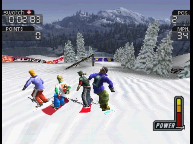 Cool Boarders 3 (PlayStation) screenshot: Punching your competitors is a good way to gain an edge.