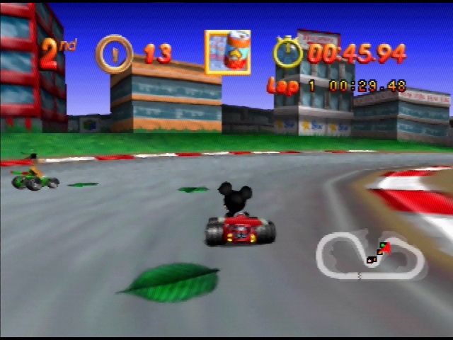 Mickey's Speedway USA (Nintendo 64) screenshot: Leaves fly up as you drive over them