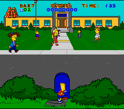 Virtual Bart (Genesis) screenshot: Tossing tomatoes in the Tomato and Egg Toss stage.