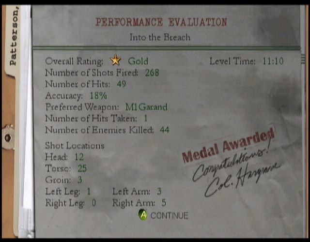 Medal of Honor: Frontline (Xbox) screenshot: At the end of each level you will be given a brief rundown on your stats and if you are lucky you might earn yourself a medal!
