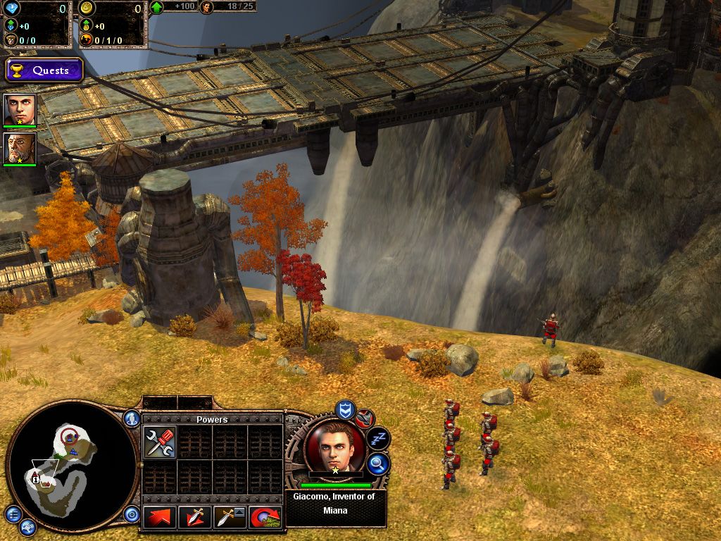 Rise of Nations: Rise of Legends (Windows) screenshot: A Vinci soldier surveys a bridge during the Vernazza expedition.