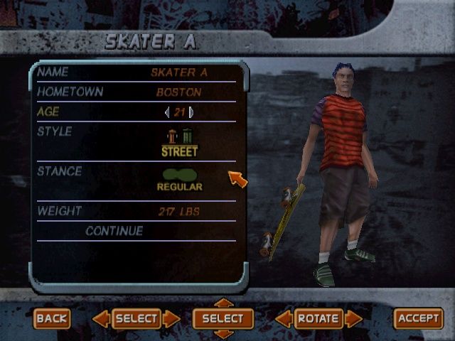Tony Hawk's Pro Skater 2 (Windows) screenshot: Create a Skater mode