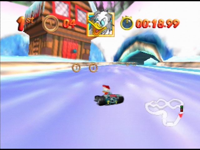 Mickey's Speedway USA (Nintendo 64) screenshot: Driving into snowdrifts on the track will slow you right down