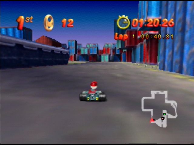 Mickey's Speedway USA (Nintendo 64) screenshot: There are steel pillars to watch out for on the edges here