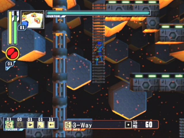 Mega Man: Network Transmission (GameCube) screenshot: Like the classic Mega Man games, you can shoot while on ladders