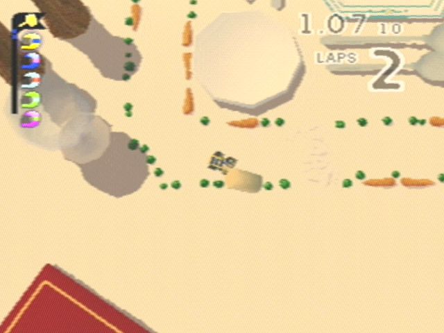 Micro Machines V3 (PlayStation) screenshot: Weapons include this mallet.