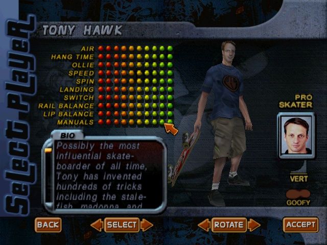Tony Hawk's Pro Skater 2 (Windows) screenshot: Choosing a character. This one is a fully pimped Hawk.