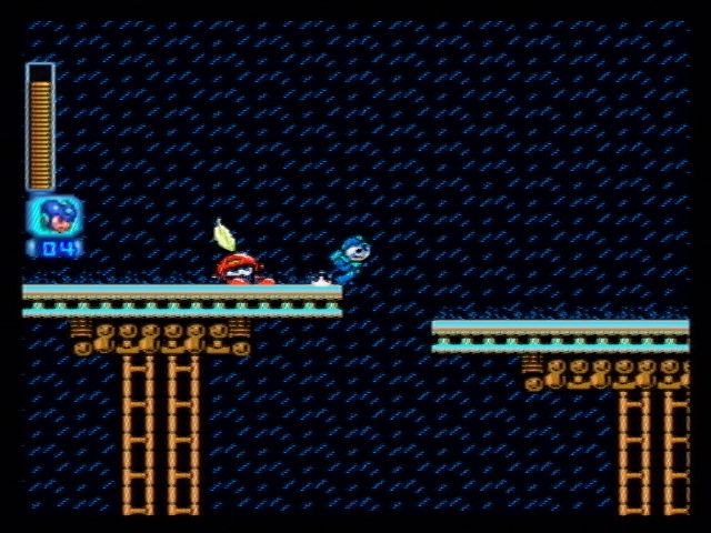 Mega Man: Anniversary Collection (PlayStation 2) screenshot: The rain here pushes Mega Man back - you have to be careful when jumping!