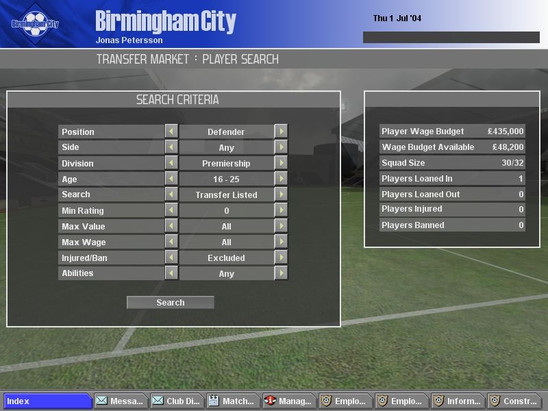 LMA Professional Manager 2005 (Windows) screenshot: Search for players